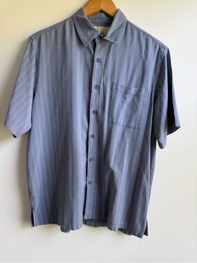 Men's 100% Silk Short-Sleeve Button-Down Shirt in Slate Blue, by vintage silk